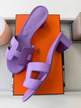 HERMES H OASIS LILAC VIOLET PARME SANDALS MULE HEELS SHOES SLIDES MULES 36.5